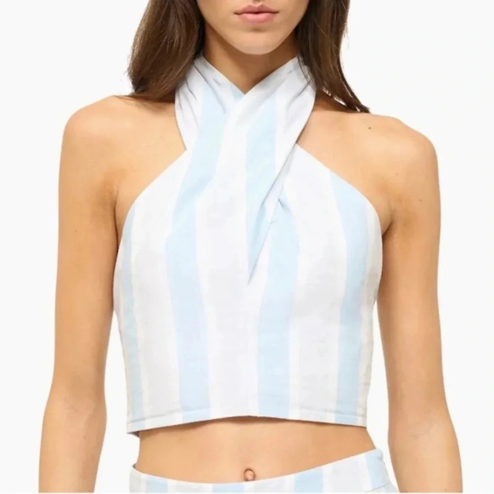 NEW! STUAD Blue & White Striped Halter Crop Beach Y2K Smocked Backless Size M